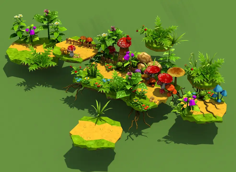C4D低面多边形卡通蘑菇乐园模型 Mushroom Land