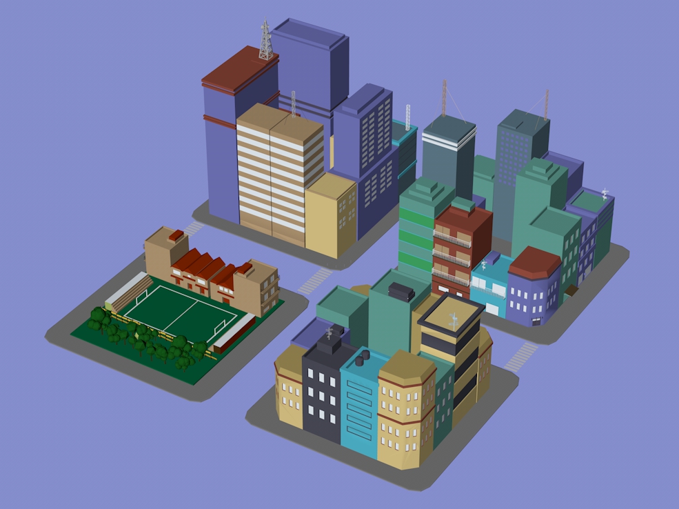 C4D低多边形城市街区楼房模型 Cubebrush – LowPoly Pack of 4 City Blocks - C4D之家 - Blocks.jpg