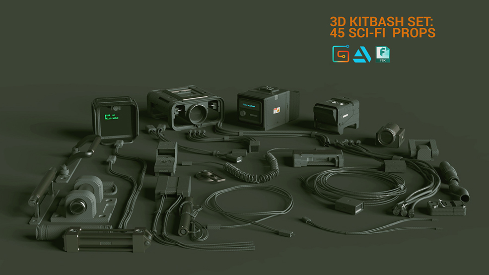 45个科技感物品道具模型 3D Kitbash Set Vol 1 – 45 Sci-Fi Props