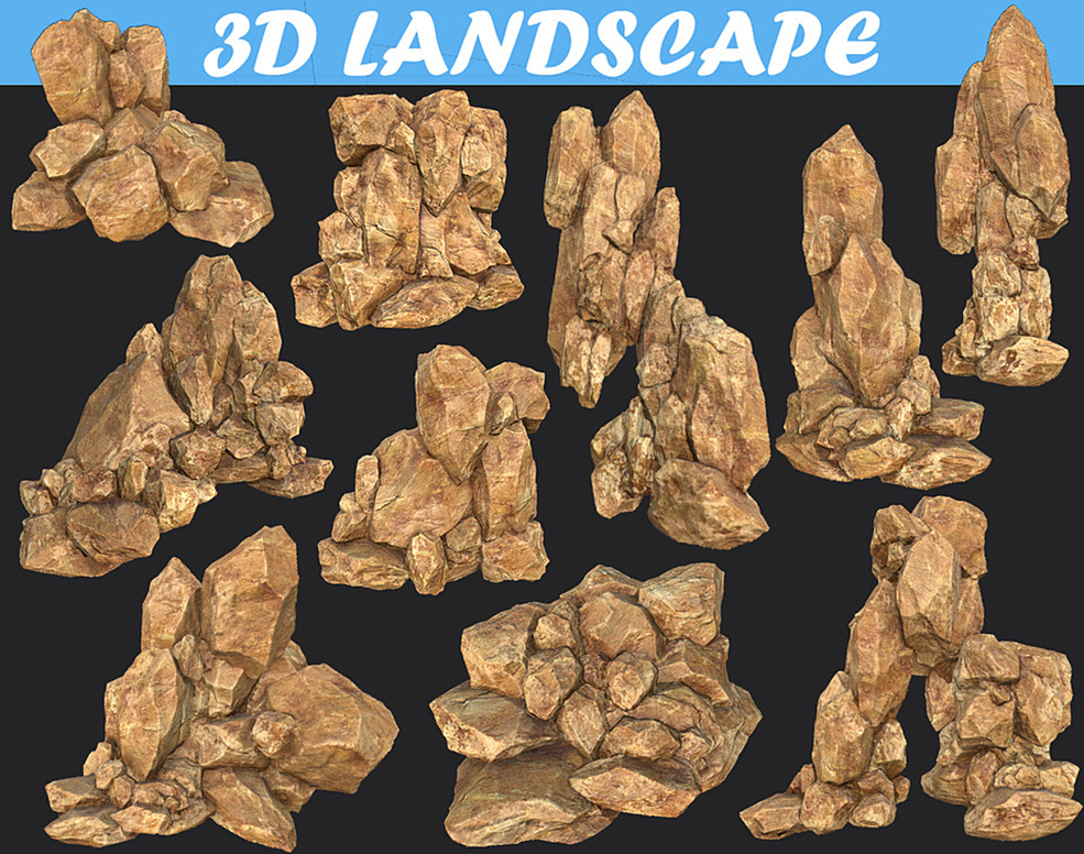 10个黄色峡谷岩石3D模型 Low poly Realistic Yellow Rock Canyon Modular Pack