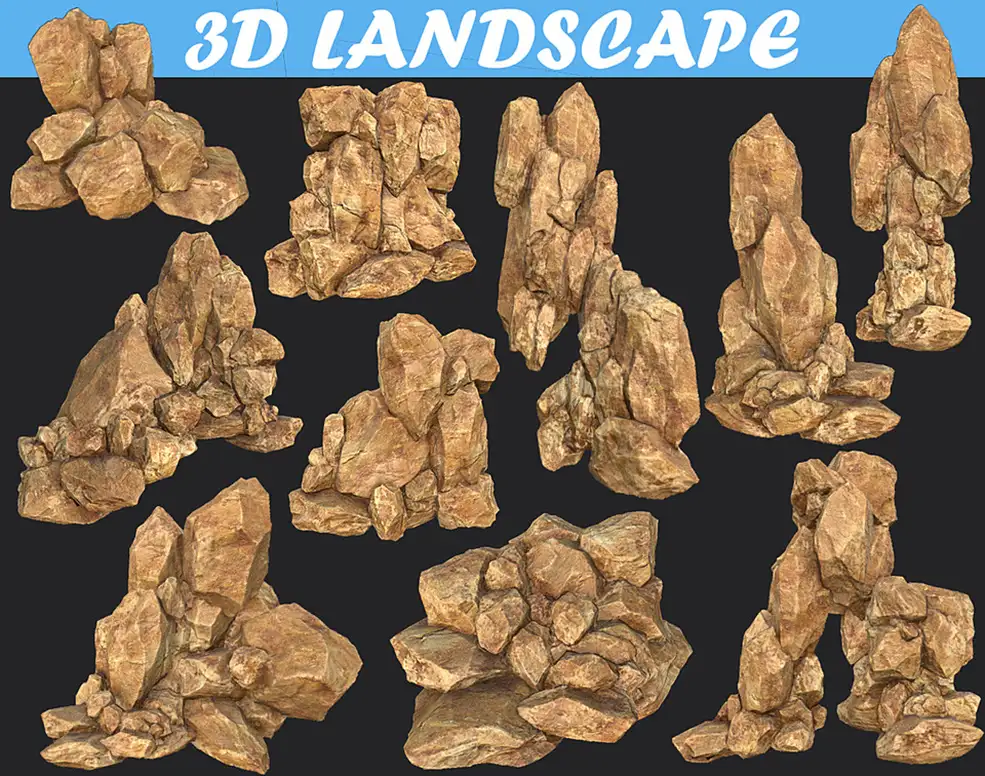 10个黄色峡谷岩石3D模型 Low poly Realistic Yellow Rock Canyon Modular Pack