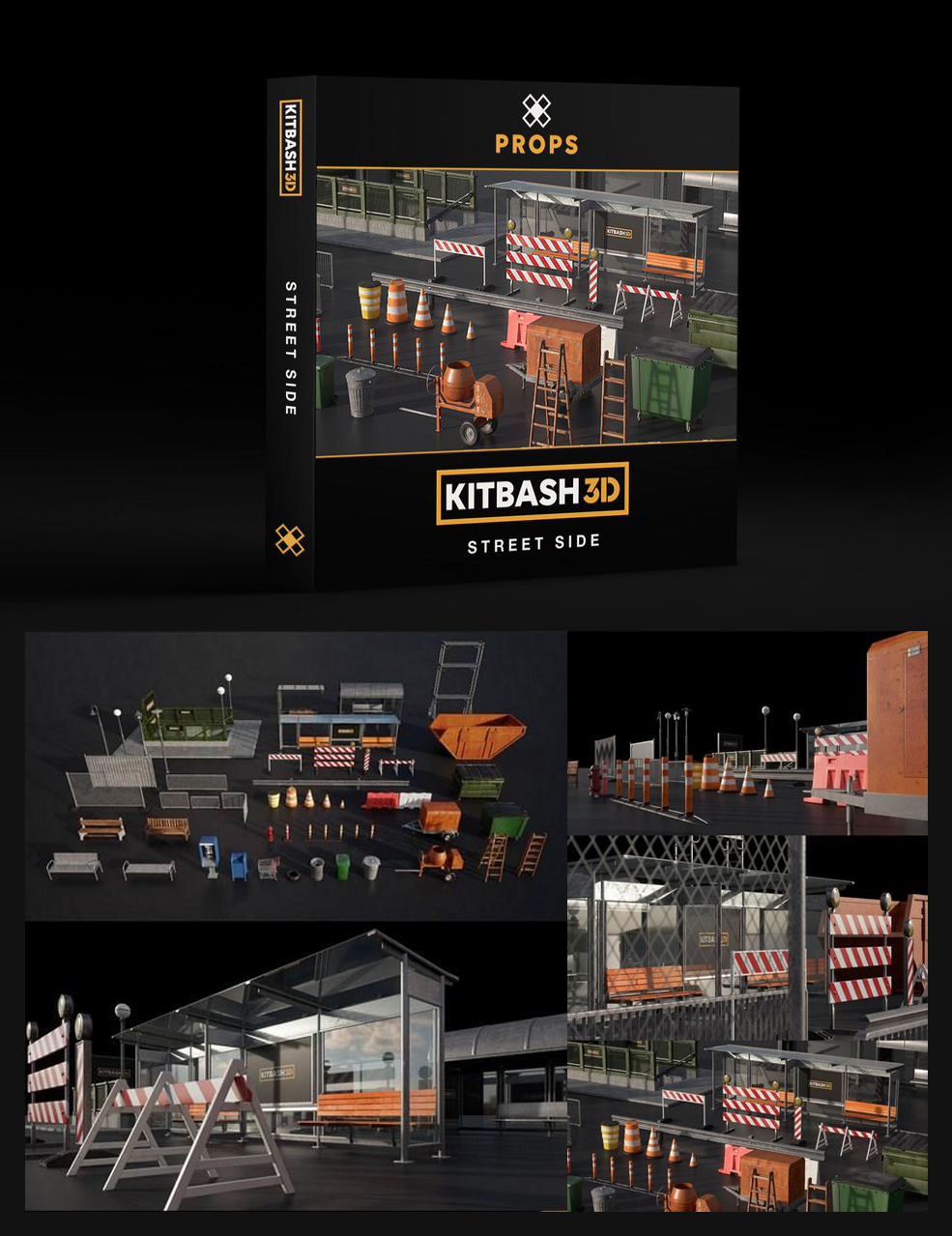 44个C4D/E3D道路交通工具模型合集:马路垃圾桶公交站路障 Props: StreetSide