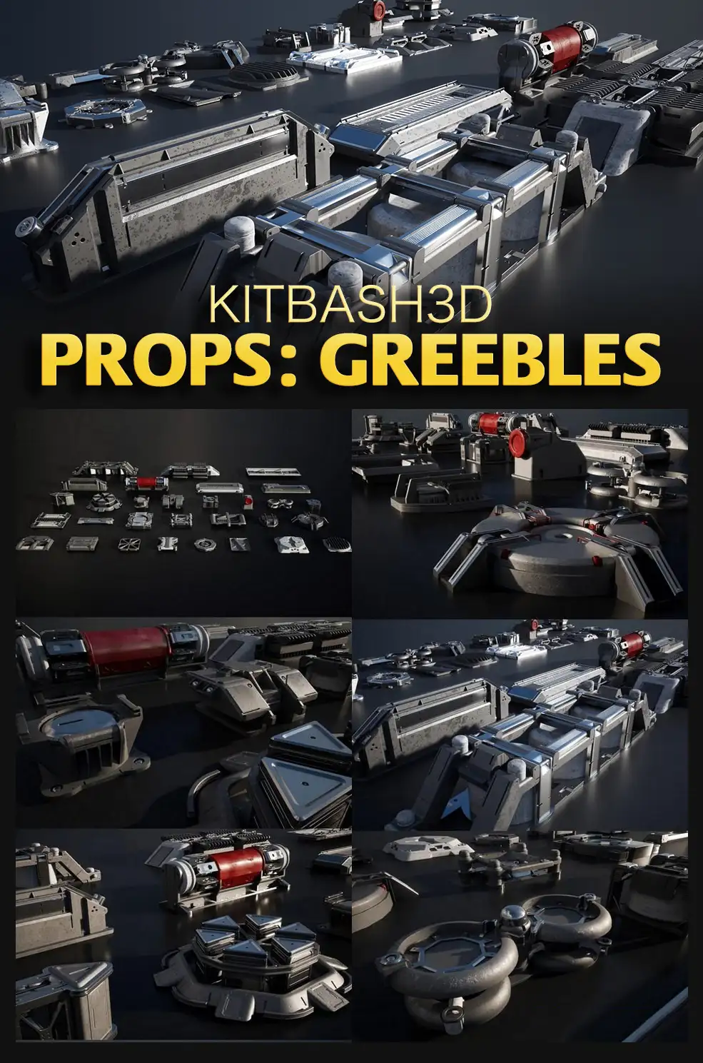 26个科幻电缆管道零部件C4D/E3D模型 Kitbash3D – Props: Greebles