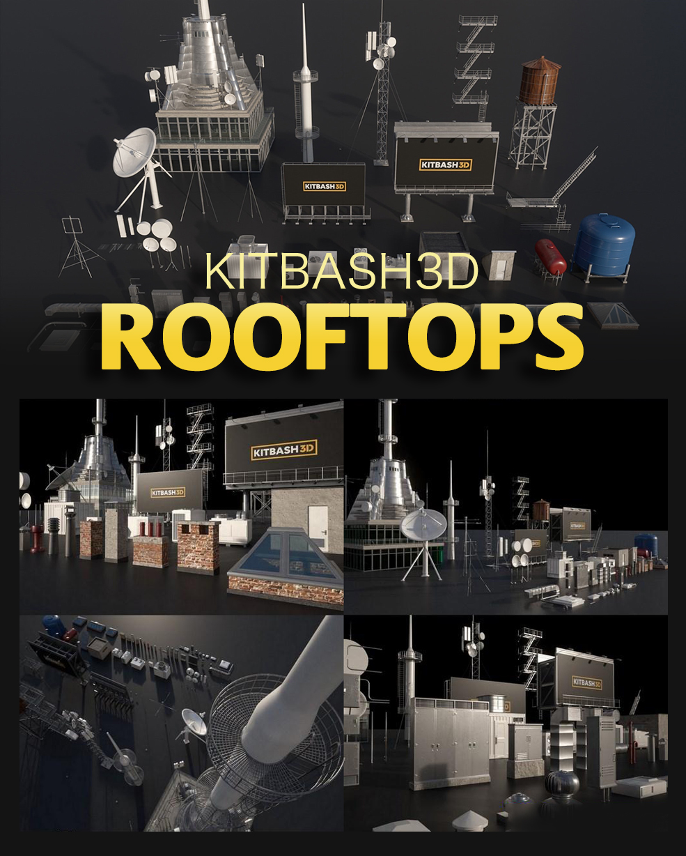 20个C4D/E3D屋顶设施模型:屋顶天线广告牌水塔 Kitbash3D – Props: Rooftops