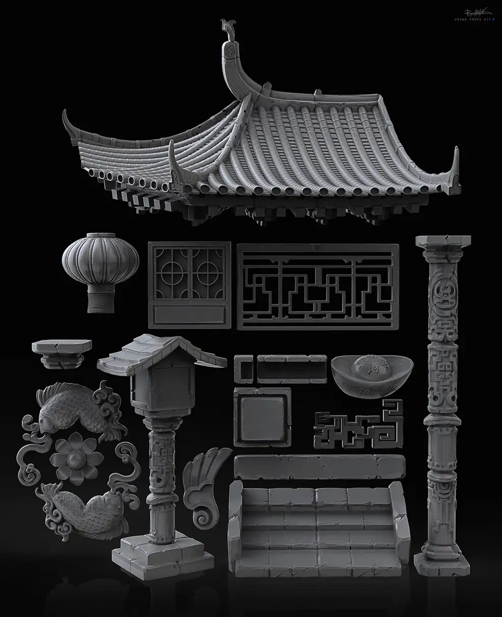 中国古代建筑人物服饰龙狮蛤蟆游戏3D模型(OBJ/ZBP/ZTL格式) - C4D之家 - china_props_kit.jpg