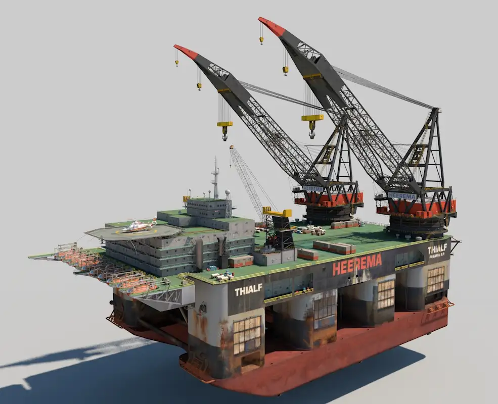 海上石油钻机 双吊船C4D模型 Dual Crane