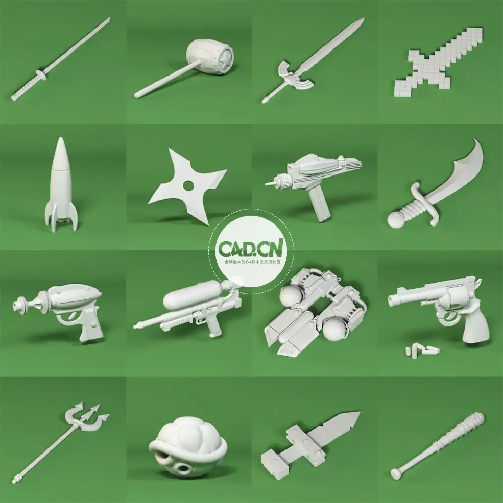 32个低面卡通武器C4D预设模型合集 weapons pack - C4D之家 - Snip20190117_1.jpg