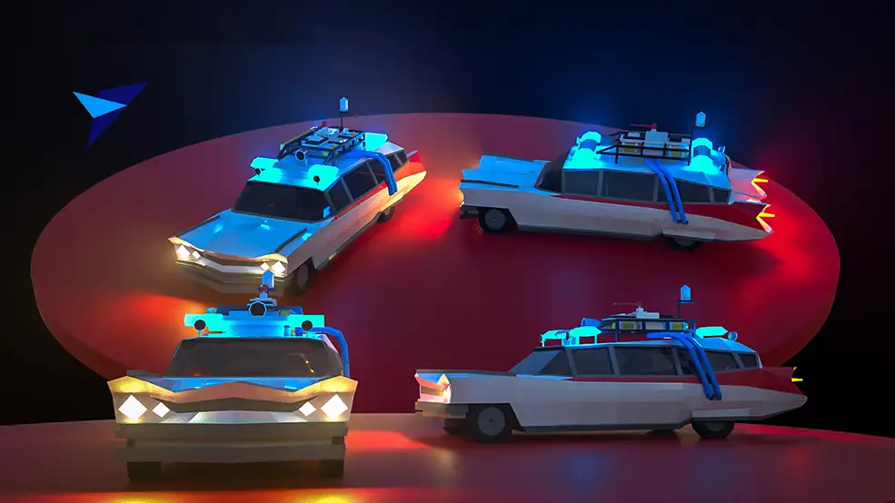 低面多边形警车C4D模型 Cinema 4D 3D Model Ecto 1 Ghostbusters Low Poly Vehicle
