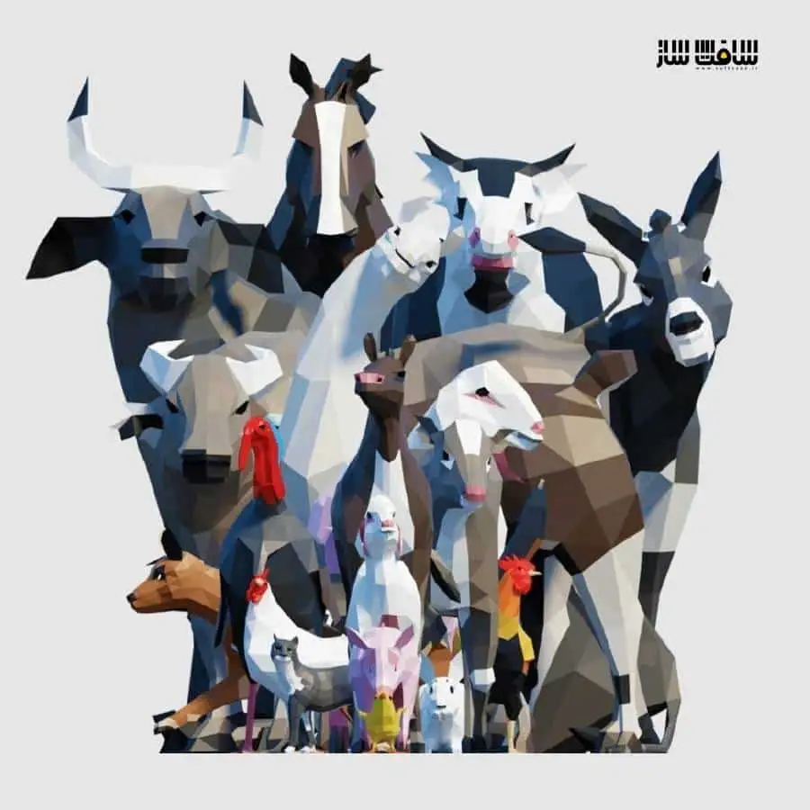 20种低面多边形动物C4D模型 Farm Animals Pack Low-poly 3D model
