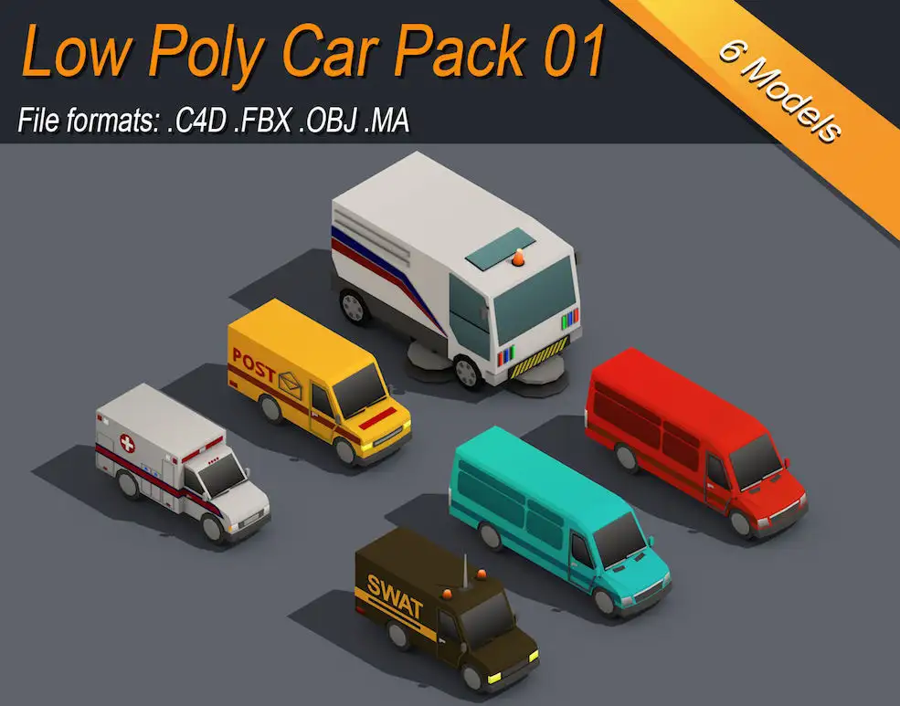 6个低多边形卡通汽车C4D模型 Low Poly Car Pack 01 Isometric Low-poly 3D model - C4D之家 - low-poly-car-pack-01-3d-model-low-poly-obj-mtl-fbx-c4d-ma-mb.jpg
