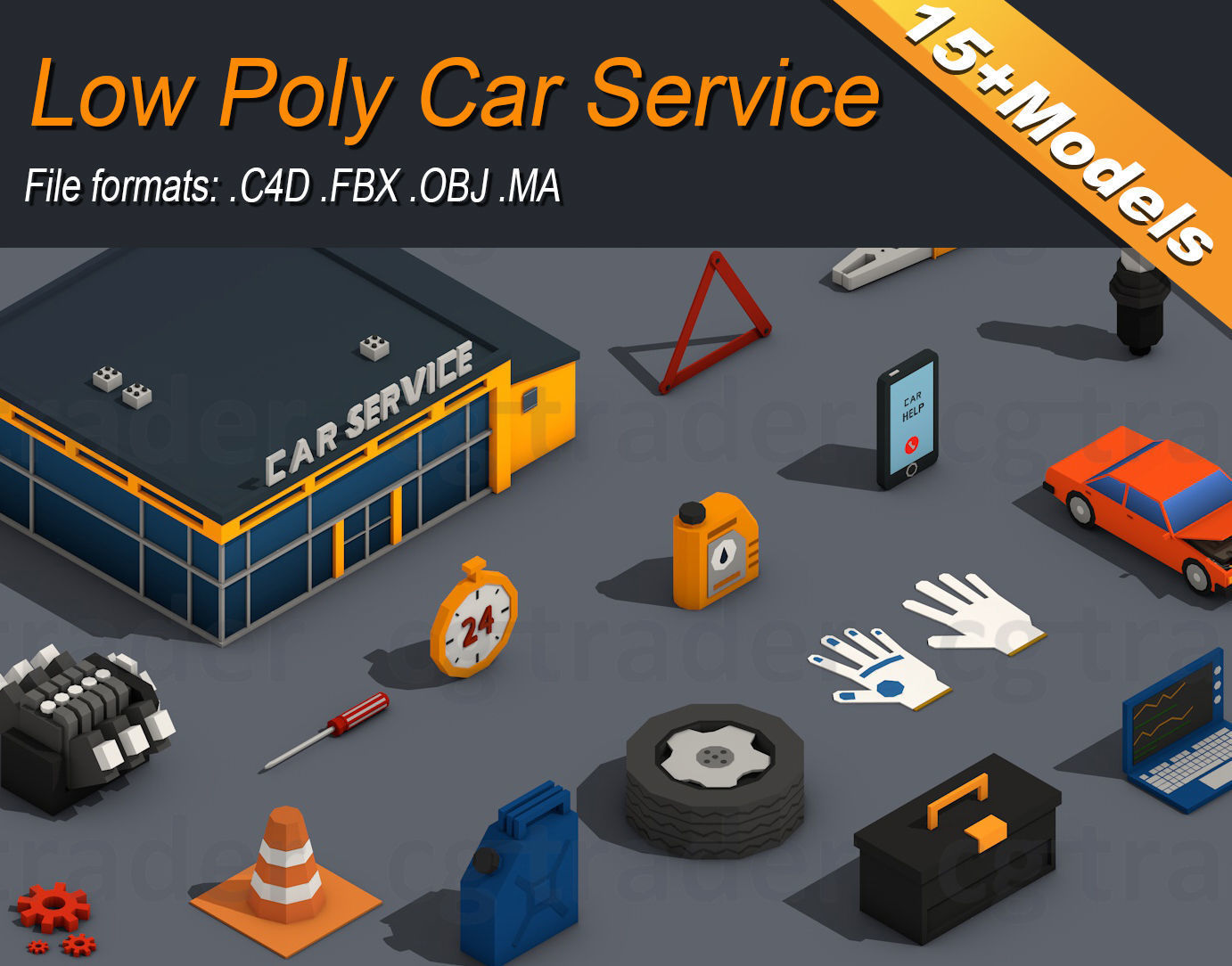 17个低多边形汽车修理设备C4D模型 Low Poly Car Service Engine Repair Isometric