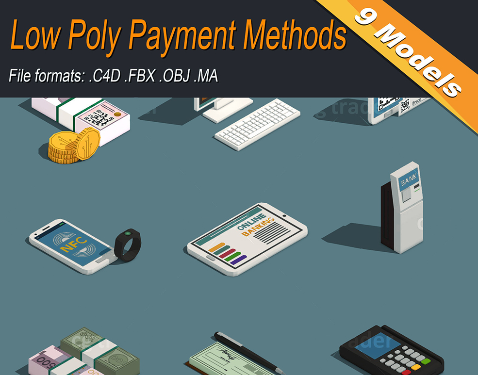 9个低多边形金融支付C4D模型 Low Poly Payment Methods Isometric Low-poly 3D model