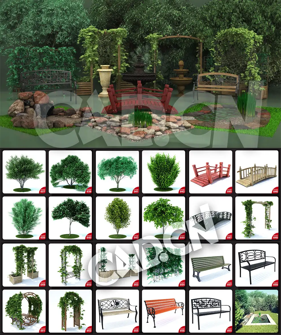 59个高精度植物 喷泉 雕塑 椅子花园3D模型合集