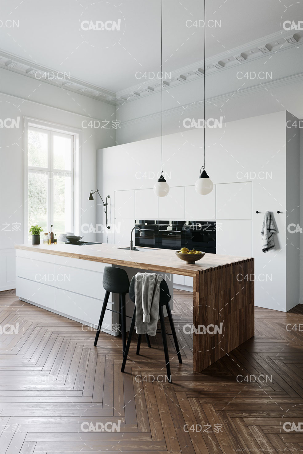 C4D室内模型渲染：厨房模型 CGTrader – White Kitchen by Kvik 3D model