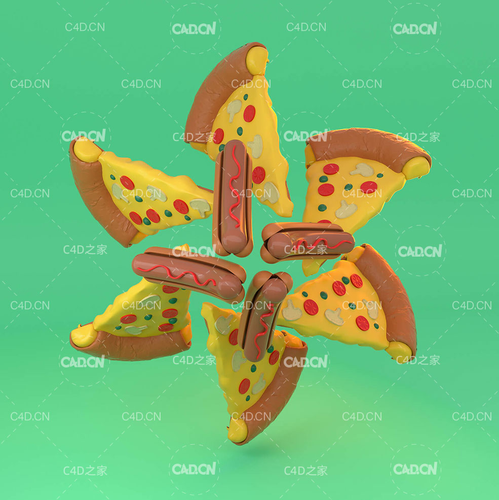 C4D Octane卡通热狗和披萨模型 Cinema 4D 3D Model Cartoon Hot Dogs and Pizza