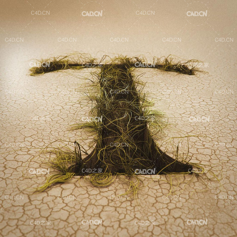 C4D XParticles地面凹槽文字生长的植物动画工程