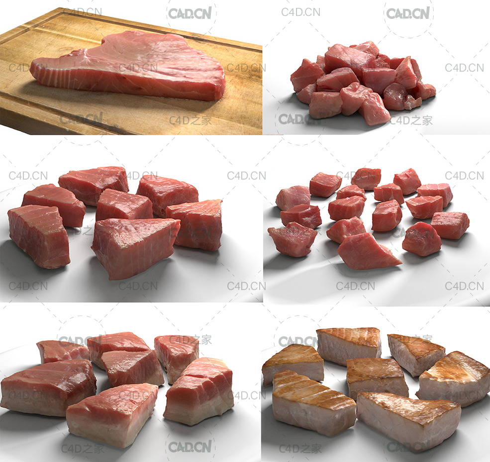 金枪鱼肉 生牛排 熟牛肉3D模型 Tuna Meat Pack – Steak Raw Cooked Chopped Low-poly - C4D之家 - All-pack.jpg