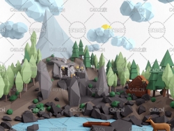 低面多边形卡通山丘 树木 湖泊场景C4D模型Low poly lanscape mountain hill tree lake