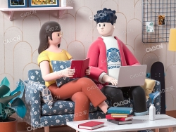 坐在沙发上聊天的年轻男女卡通角色C4D OCTANE模型