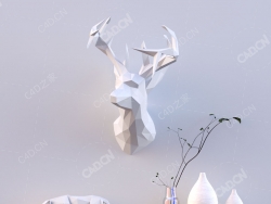 玄关壁挂低面鹿头装饰绿植陶瓷瓶低面老虎C4D模型low-poly deer on wall scene