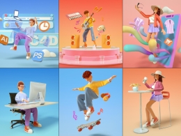 6个现代潮流卡通人物角色场景插画模型