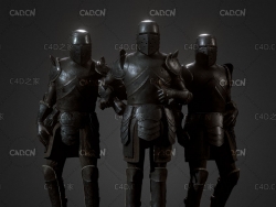 3名铠甲战士盔甲骑士人物C4D模型 Lowpoly PBR