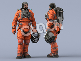 站立左手拎头盔桔黄色太空服大胡子男性宇宙航天员Idle Helmet Scifi Holding