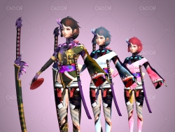 3个日系动漫风女战士武士卡通女性角色人物C4D模型