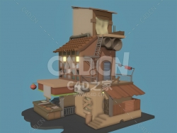 C4D挂着红灯笼的低聚卡通贫困建筑模型下载