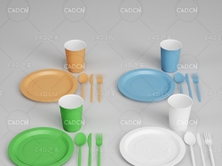 餐具盘子杯子刀叉勺子C4D模型 tableware
