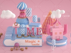 魔法书上的魔法城堡卡通场景C4D OCTANE工程