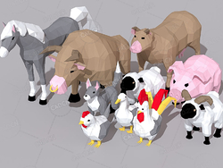 10只低面多边形家畜公牛母鸡母牛鸭子小狗马猪公羊公鸡绵羊C4D模型craftpix animals farm 3d low-poly models