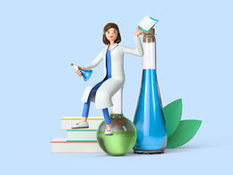 坐在化学药水瓶子上的女化学家卡通角色