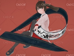 手舞画轴卷轴的卡通日本动漫女孩游戏角色C4D模型