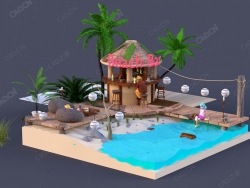 夏日海滩卡通场景C4D模型酒吧椰子树