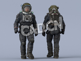 走路的深蓝色宇航服年轻女性太空飞行员Walk