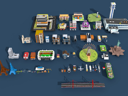 低面卡通城市建筑流乐园交通工具摩天轮房子模型合集