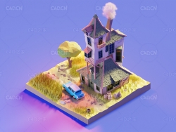 低面多边形小木屋汽车卡通场景C4D模型hp-burrow