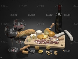 红酒火腿核桃C4D模型red wine 3d model酒杯红酒瓶高脚杯奶酪香肠葡萄酒瓶长棍面包核桃