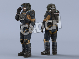 推拉头盔面罩的深蓝色太空服年轻女性太空飞行员Idle Helmet Scifi Visor