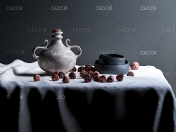 桌上的静物陶罐松果模型Still life Vases