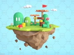 低面多边形卡通《超级玛丽》悬浮家园场景C4D模型