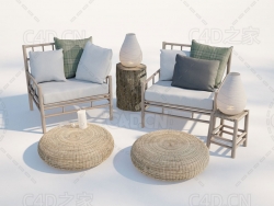 C4D实木沙发藤编圆桌木桩灯模型