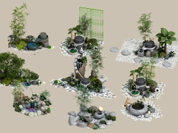 新中式庭院水景小品3D模型合集含贴图材质支持C4D/FBX/OBJ/SKP格式