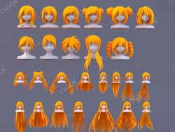 26个卡通女孩动漫人物头发发型C4D模型girl long hairs 3d model