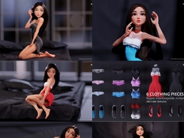 穿裙子的现代卡通长发披肩女性角色绑定模型Ming-Mei Rigged Woman Character