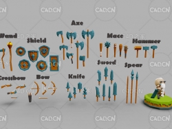 低面多边形游戏武器道具C4D模型盾牌弓箭斧头剑刀长枪狼牙棒锤子弓弩WeaponFantasy