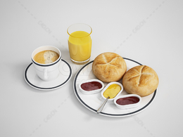 早餐食物咖啡果汁面包奶油豆沙酱C4D模型下载