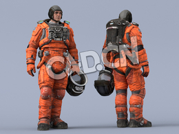 站立左手拎头盔桔黄色太空服年轻男性宇宙航天员Idle Helmet Scifi Holding