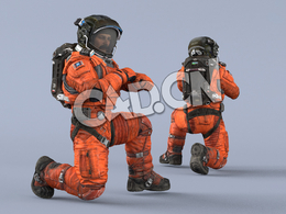 跪地检查手表的桔黄色太空服中年男性宇宙飞行员Sit